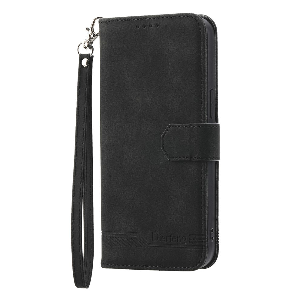 DIERFENG DF-03 For Oppo Reno14 Pro 5G (Global) Case Lines Imprint Wallet Leather Phone Cover with Wrist Strap - Black