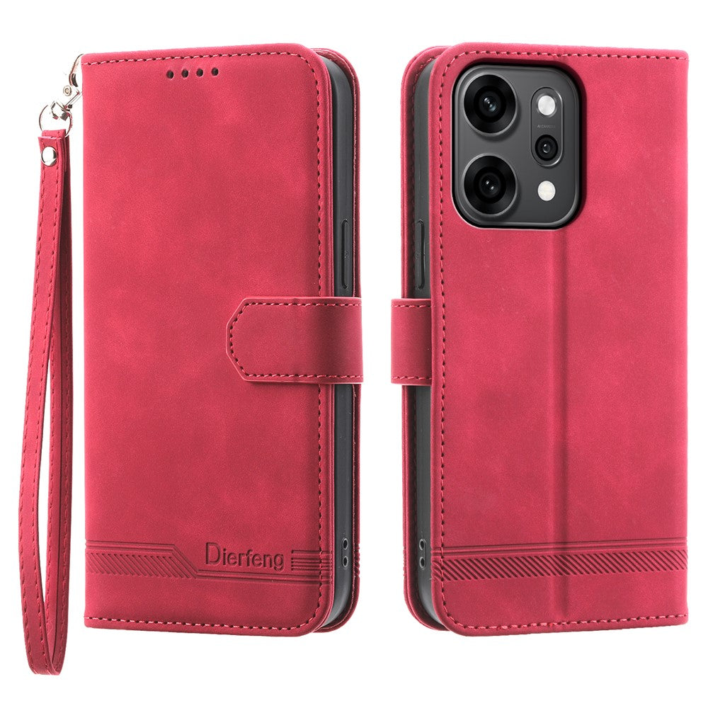 DIERFENG DF-03 For Oppo Reno14 Pro 5G (Global) Case Lines Imprint Wallet Leather Phone Cover with Wrist Strap - Red