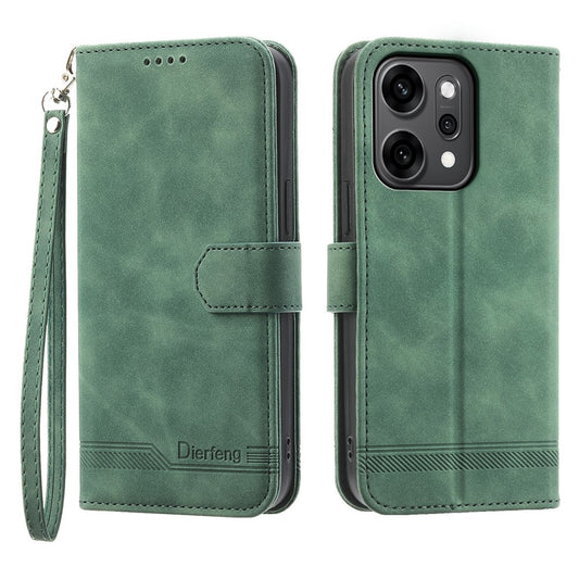 DIERFENG DF-03 For Oppo Reno14 Pro 5G (Global) Case Lines Imprint Wallet Leather Phone Cover with Wrist Strap - Green