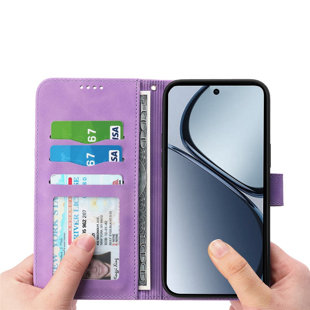 DIERFENG DF-03 For Oppo Reno14 Pro 5G (Global) Case Lines Imprint Wallet Leather Phone Cover with Wrist Strap - Purple