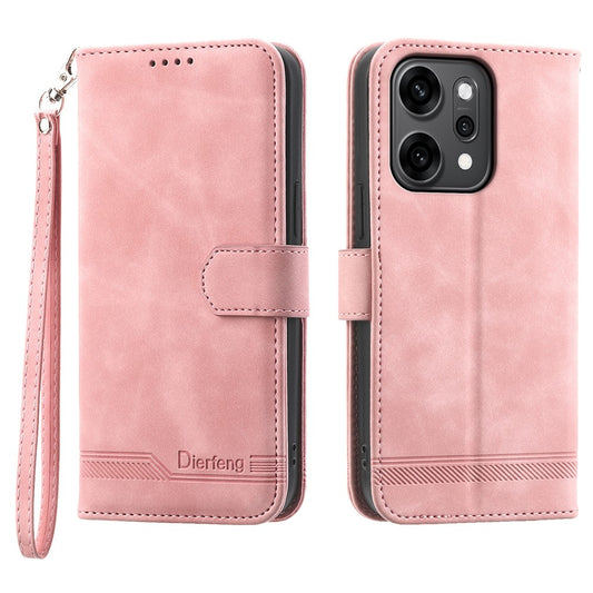 DIERFENG DF-03 For Oppo Reno14 Pro 5G (Global) Case Lines Imprint Wallet Leather Phone Cover with Wrist Strap - Pink