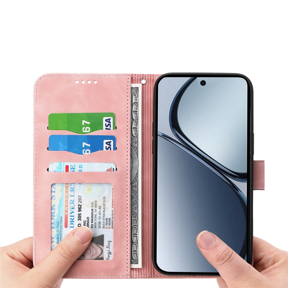 DIERFENG DF-03 For Oppo Reno14 Pro 5G (Global) Case Lines Imprint Wallet Leather Phone Cover with Wrist Strap - Pink