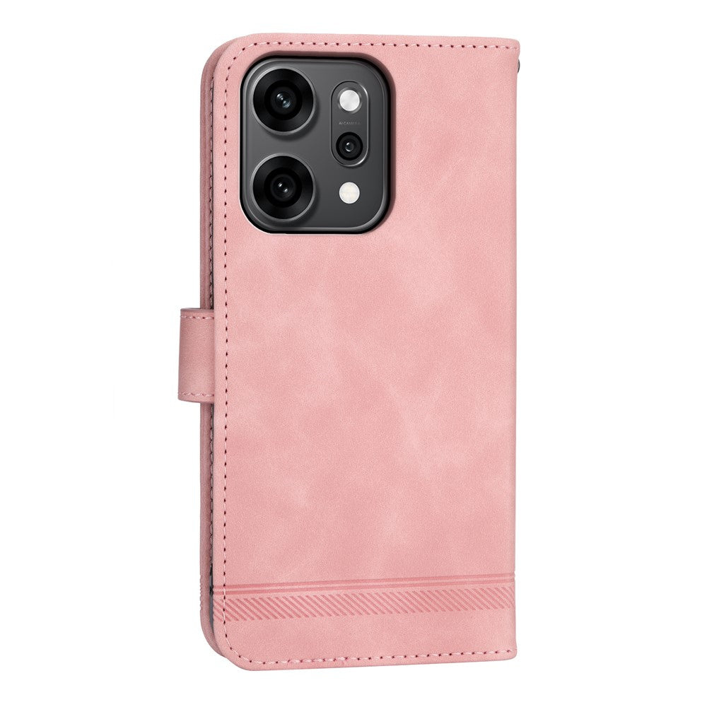 DIERFENG DF-03 For Oppo Reno14 Pro 5G (Global) Case Lines Imprint Wallet Leather Phone Cover with Wrist Strap - Pink