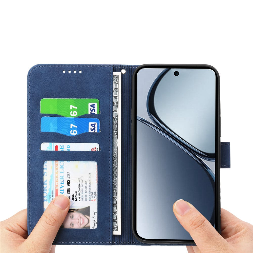 DIERFENG DF-03 For Oppo Reno14 Pro 5G (Global) Case Lines Imprint Wallet Leather Phone Cover with Wrist Strap - Blue
