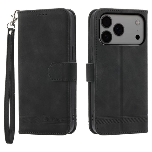 DIERFENG DF-03 For iPhone 17 Pro Max Case Lines Imprint Wallet Leather Phone Cover with Wrist Strap - Black