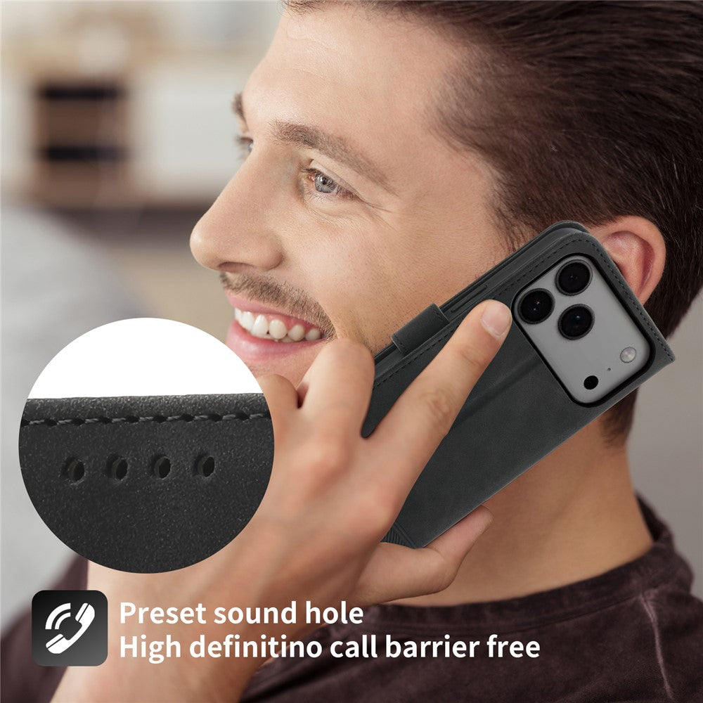 DIERFENG DF-03 For iPhone 17 Pro Max Case Lines Imprint Wallet Leather Phone Cover with Wrist Strap - Black