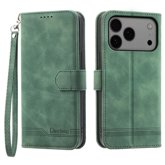 DIERFENG DF-03 For iPhone 17 Pro Max Case Lines Imprint Wallet Leather Phone Cover with Wrist Strap - Green