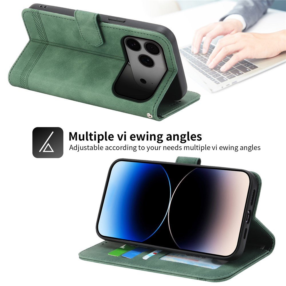 DIERFENG DF-03 For iPhone 17 Pro Max Case Lines Imprint Wallet Leather Phone Cover with Wrist Strap - Green