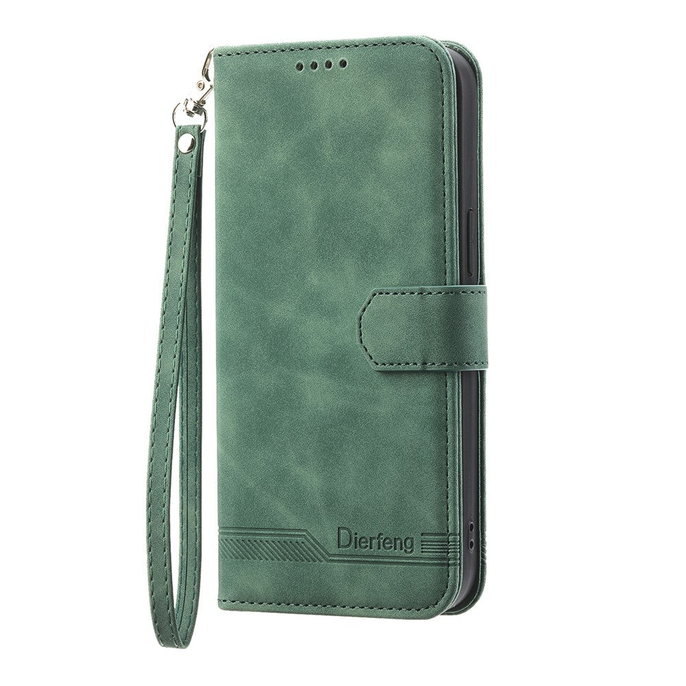 DIERFENG DF-03 For iPhone 17 Pro Max Case Lines Imprint Wallet Leather Phone Cover with Wrist Strap - Green