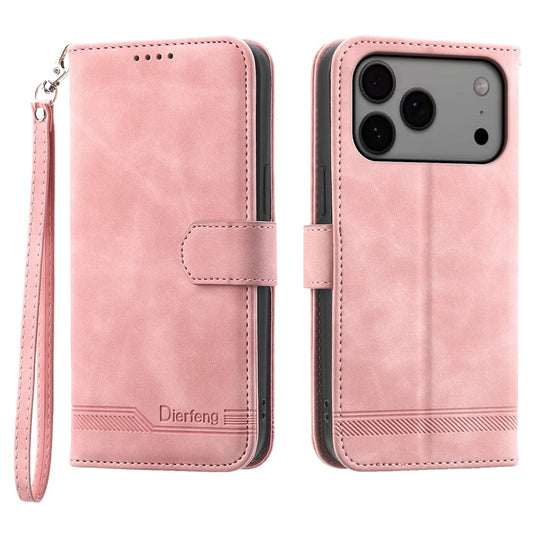 DIERFENG DF-03 For iPhone 17 Pro Max Case Lines Imprint Wallet Leather Phone Cover with Wrist Strap - Pink