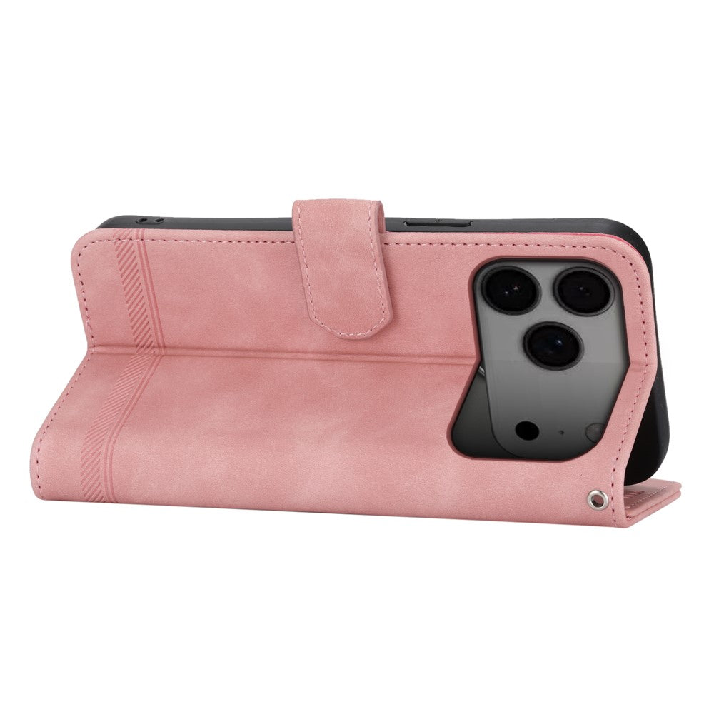 DIERFENG DF-03 For iPhone 17 Pro Max Case Lines Imprint Wallet Leather Phone Cover with Wrist Strap - Pink