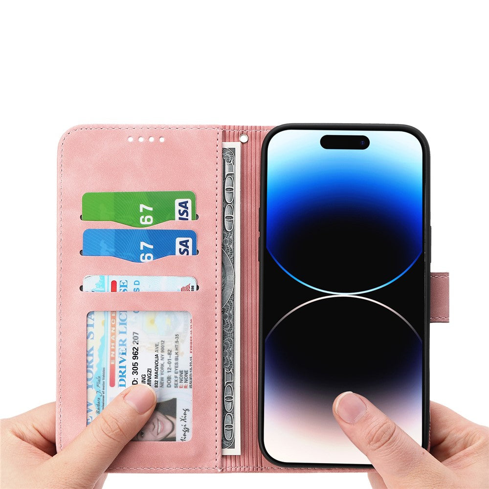 DIERFENG DF-03 For iPhone 17 Pro Max Case Lines Imprint Wallet Leather Phone Cover with Wrist Strap - Pink