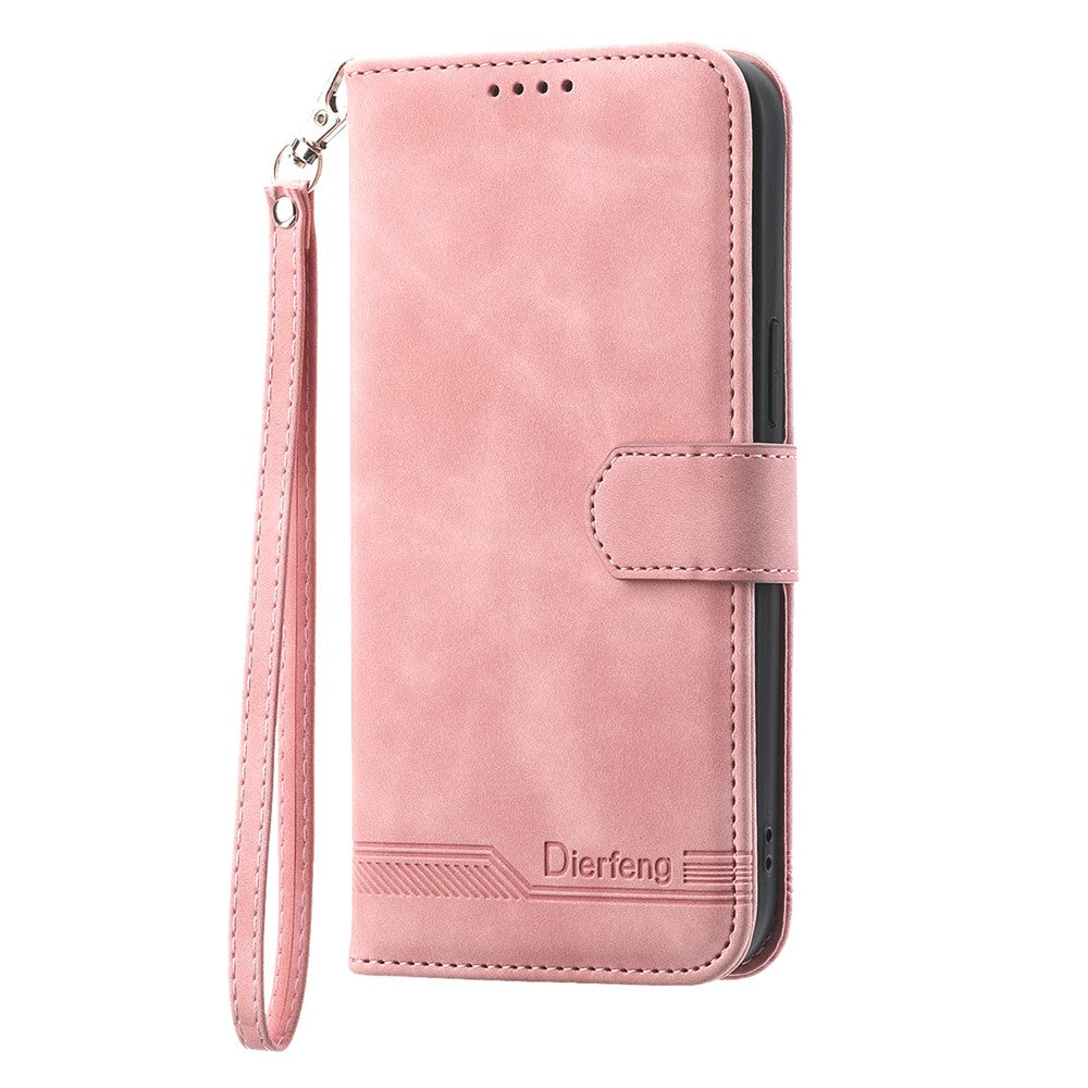 DIERFENG DF-03 For iPhone 17 Pro Max Case Lines Imprint Wallet Leather Phone Cover with Wrist Strap - Pink