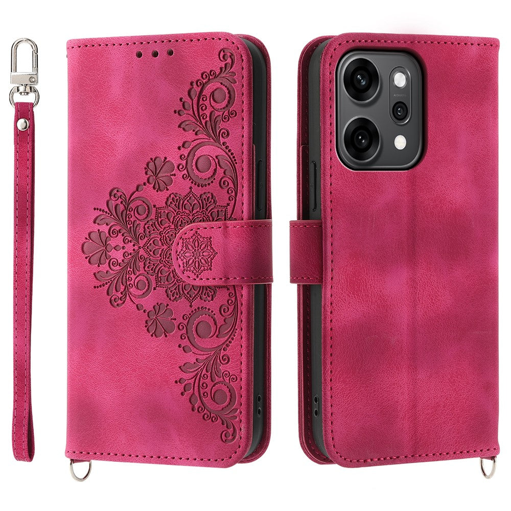 For Oppo Reno14 Pro 5G (Global) Case Flower Pattern PU Leather Wallet Phone Cover with Strap - Wine Red