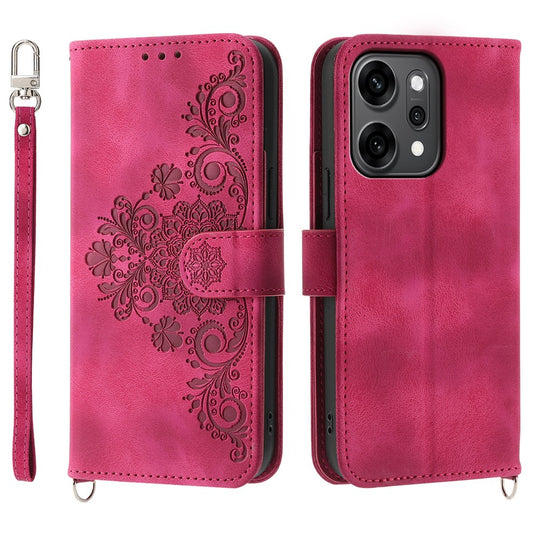 For Oppo Reno14 Pro 5G (Global) Case Flower Pattern PU Leather Wallet Phone Cover with Strap - Wine Red