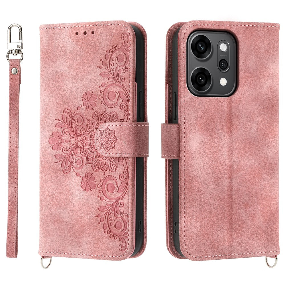 For Oppo Reno14 Pro 5G (Global) Case Flower Pattern PU Leather Wallet Phone Cover with Strap - Pink