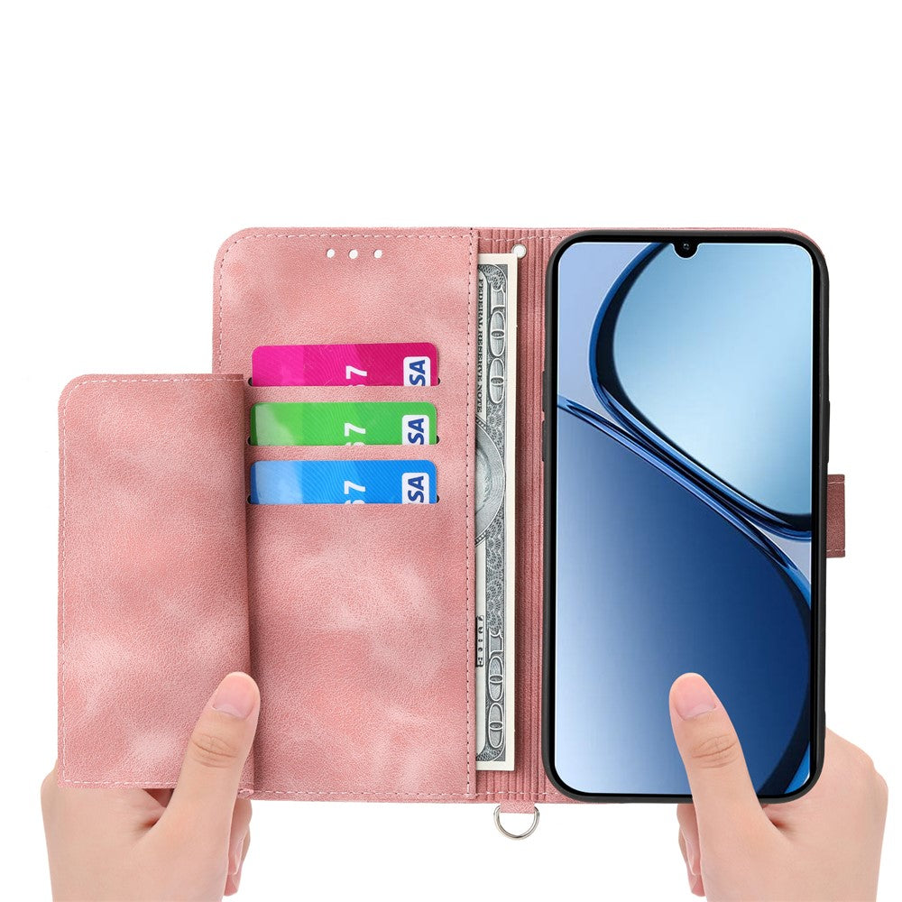 For Oppo Reno14 Pro 5G (Global) Case Flower Pattern PU Leather Wallet Phone Cover with Strap - Pink