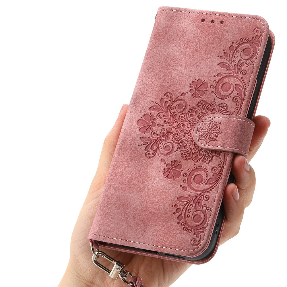 For Oppo Reno14 Pro 5G (Global) Case Flower Pattern PU Leather Wallet Phone Cover with Strap - Pink