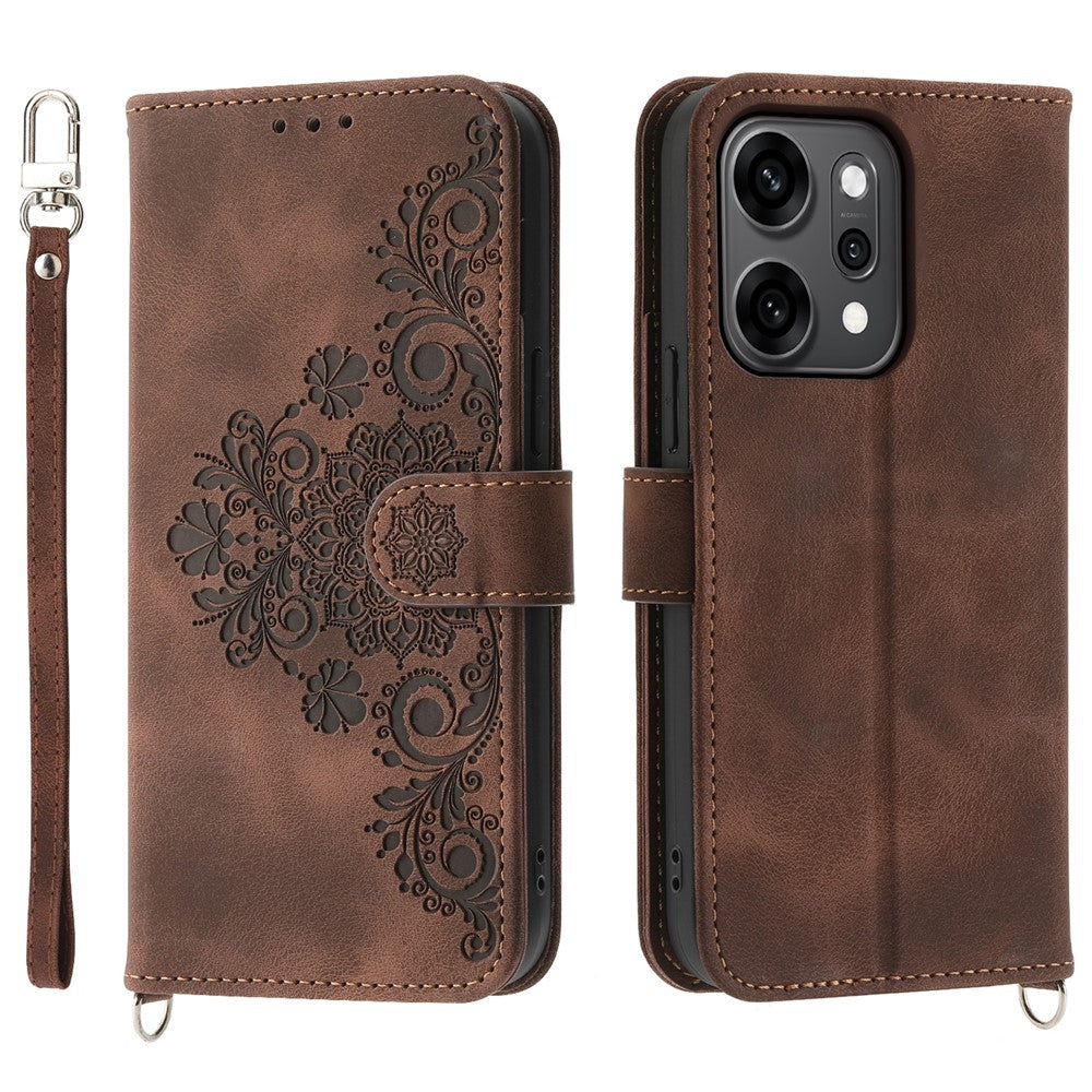 For Oppo Reno14 Pro 5G (Global) Case Flower Pattern PU Leather Wallet Phone Cover with Strap - Brown