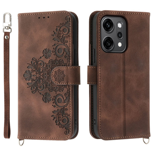 For Oppo Reno14 Pro 5G (Global) Case Flower Pattern PU Leather Wallet Phone Cover with Strap - Brown