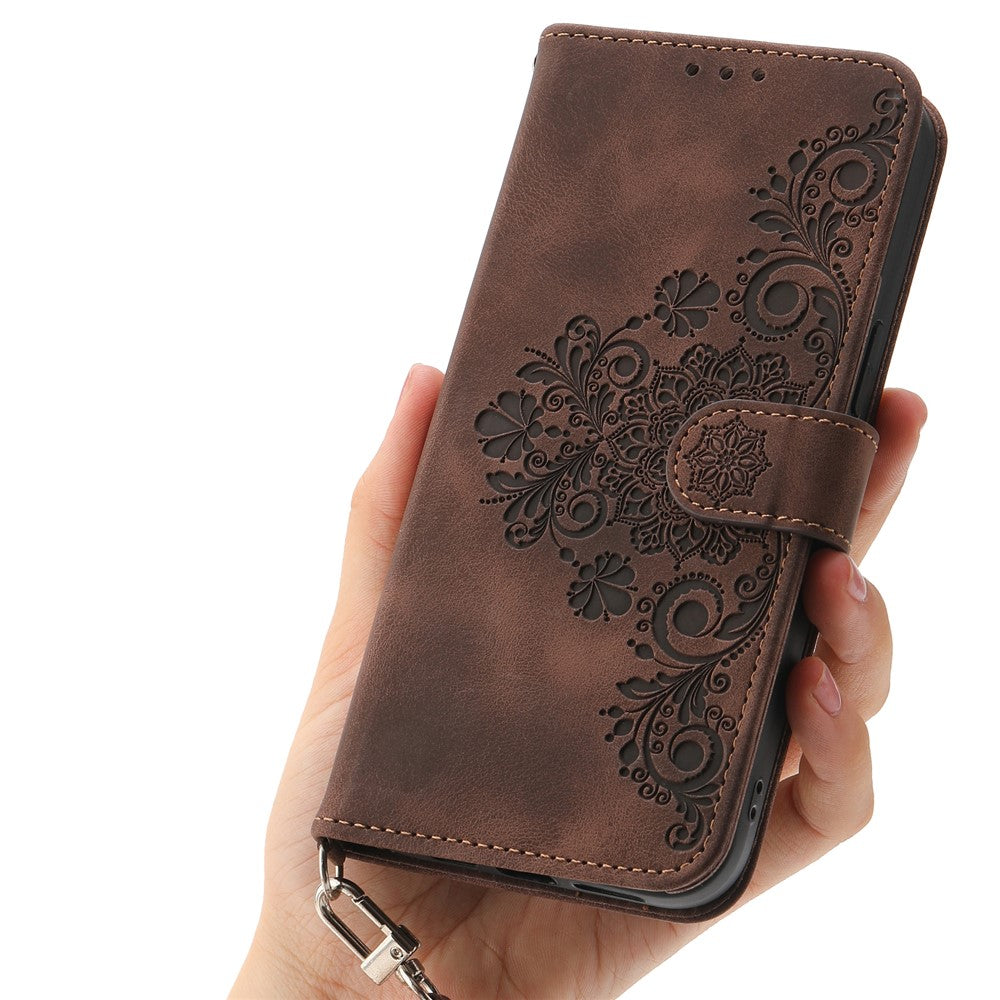 For Oppo Reno14 Pro 5G (Global) Case Flower Pattern PU Leather Wallet Phone Cover with Strap - Brown