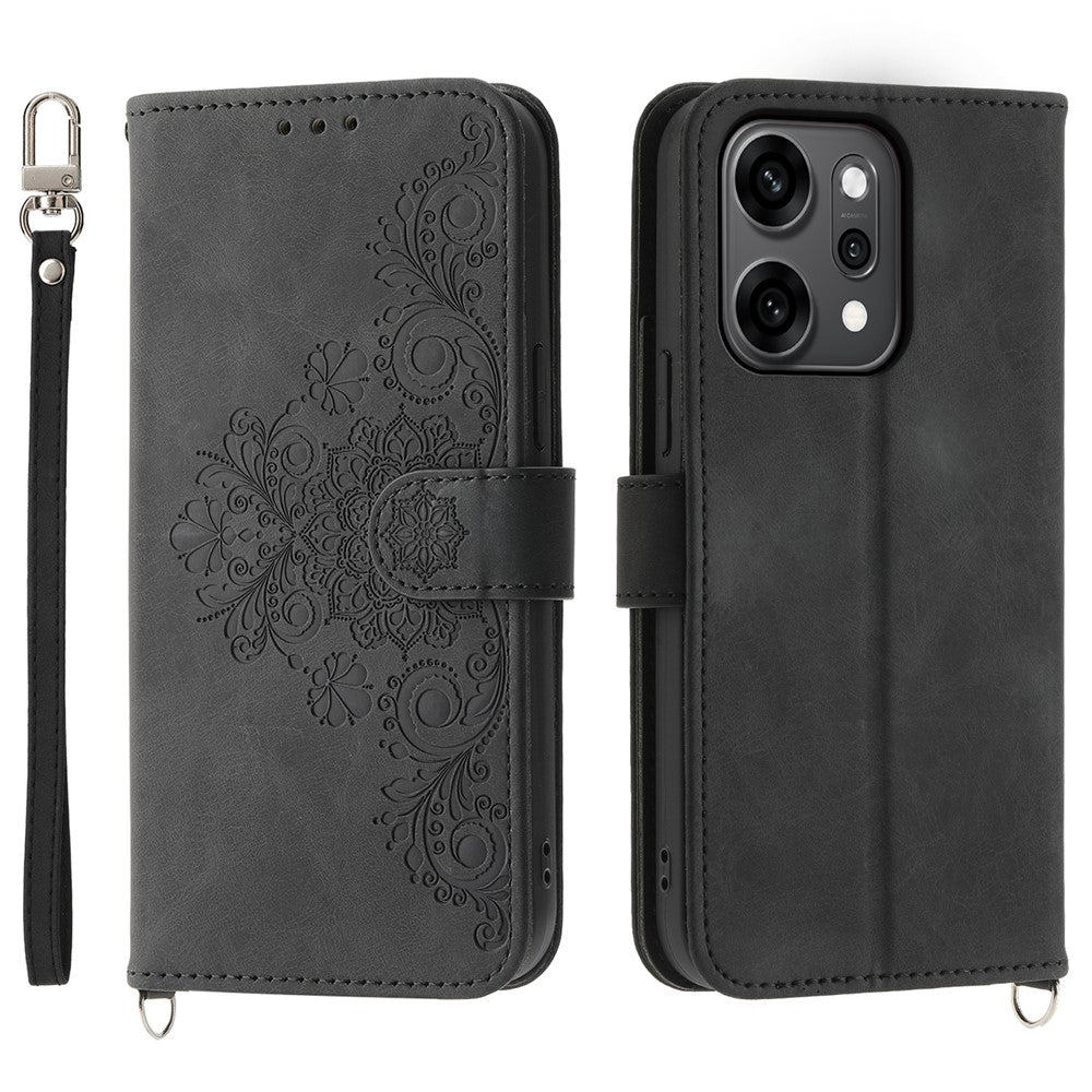 For Oppo Reno14 Pro 5G (Global) Case Flower Pattern PU Leather Wallet Phone Cover with Strap - Black
