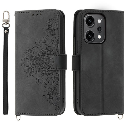 For Oppo Reno14 Pro 5G (Global) Case Flower Pattern PU Leather Wallet Phone Cover with Strap - Black