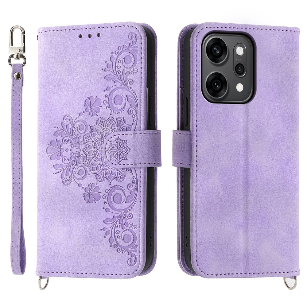 For Oppo Reno14 Pro 5G (Global) Case Flower Pattern PU Leather Wallet Phone Cover with Strap - Light Purple