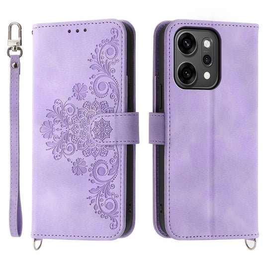 For Oppo Reno14 Pro 5G (Global) Case Flower Pattern PU Leather Wallet Phone Cover with Strap - Light Purple