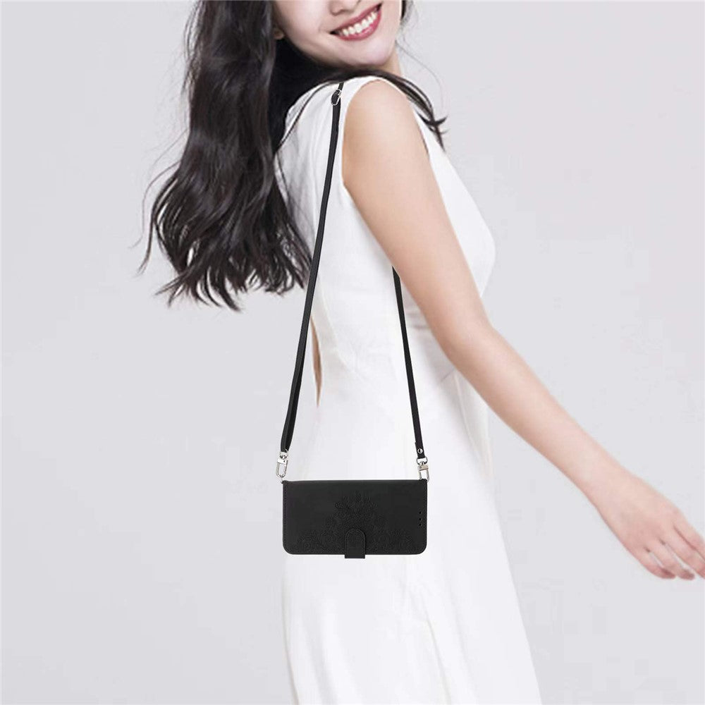 For iPhone 17 Pro Max Case Flower Pattern PU Leather Wallet Phone Cover with Strap - Black