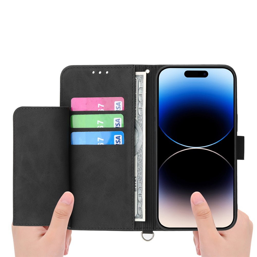 For iPhone 17 Pro Max Case Flower Pattern PU Leather Wallet Phone Cover with Strap - Black