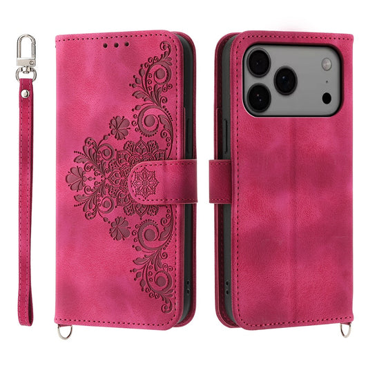 For iPhone 17 Pro Max Case Flower Pattern PU Leather Wallet Phone Cover with Strap - Wine Red