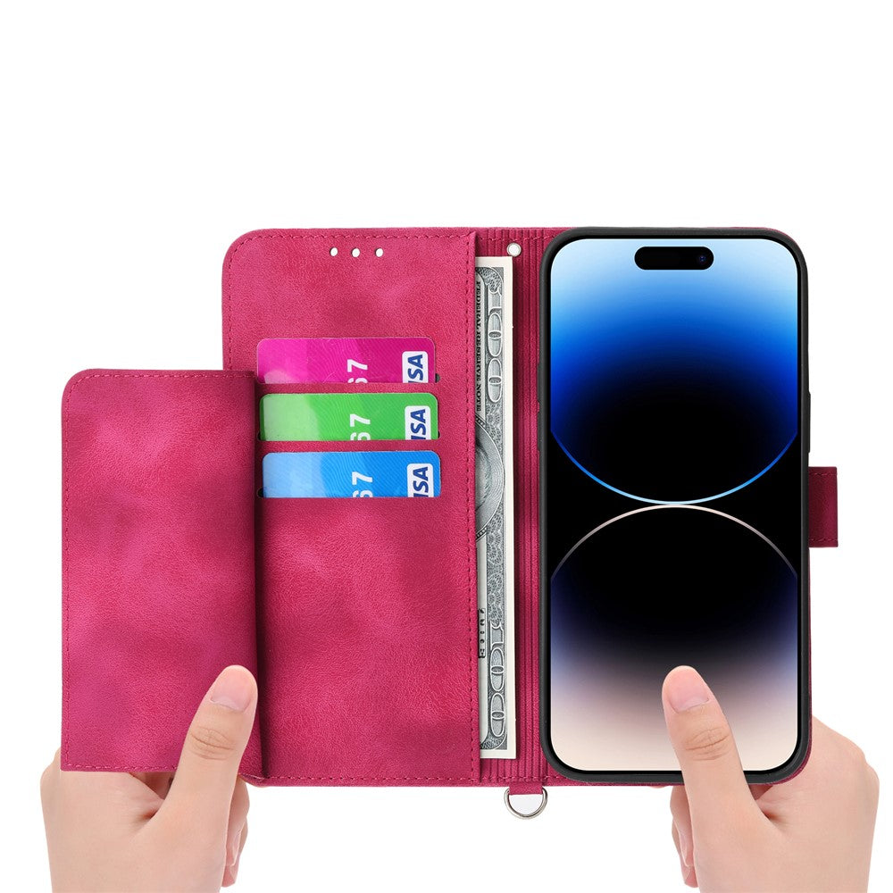 For iPhone 17 Pro Max Case Flower Pattern PU Leather Wallet Phone Cover with Strap - Wine Red