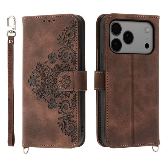 For iPhone 17 Pro Max Case Flower Pattern PU Leather Wallet Phone Cover with Strap - Brown
