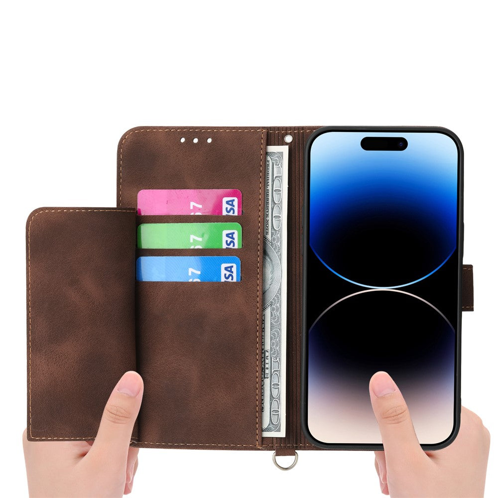 For iPhone 17 Pro Max Case Flower Pattern PU Leather Wallet Phone Cover with Strap - Brown