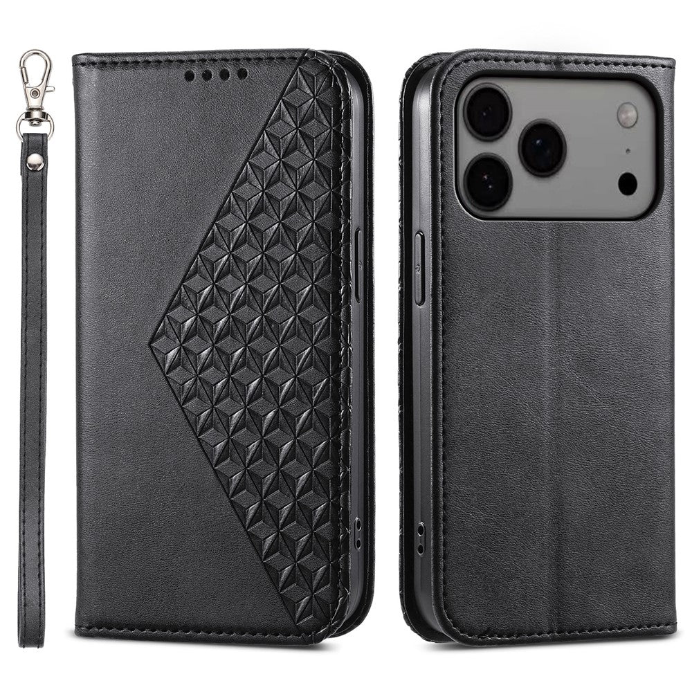 For iPhone 17 Pro Max Case Calf Texture PU Leather Wallet Phone Cover with Wrist Strap - Black