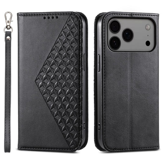 For iPhone 17 Pro Max Case Calf Texture PU Leather Wallet Phone Cover with Wrist Strap - Black