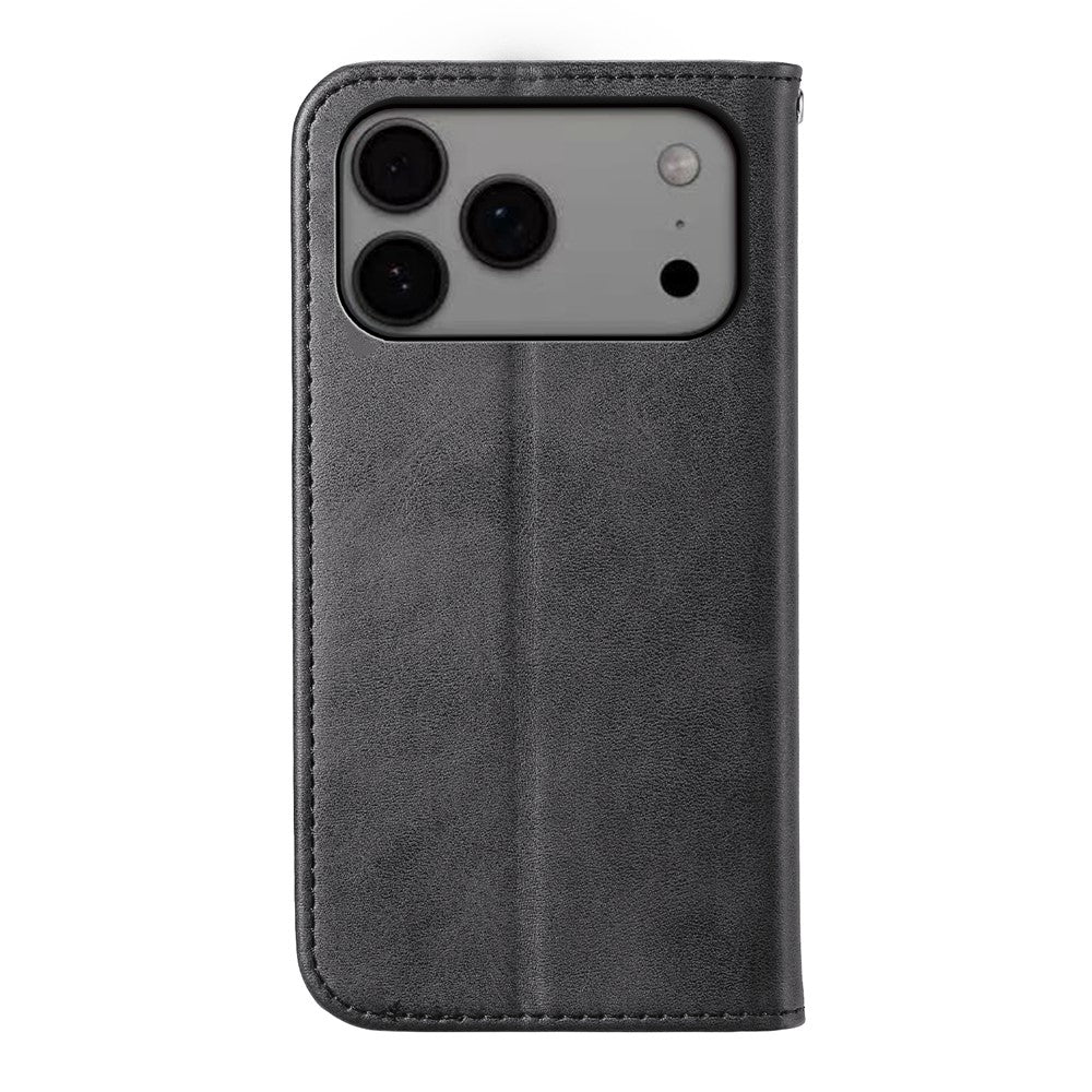 For iPhone 17 Pro Max Case Calf Texture PU Leather Wallet Phone Cover with Wrist Strap - Black