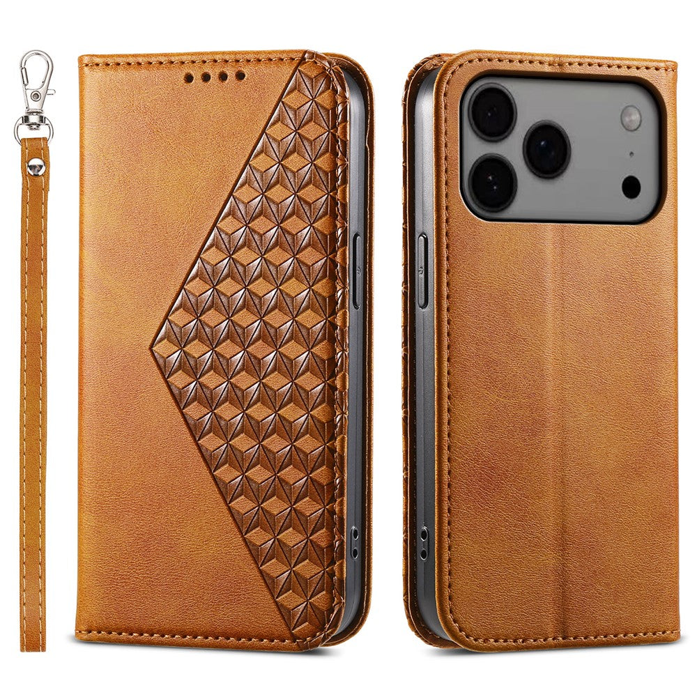 For iPhone 17 Pro Max Case Calf Texture PU Leather Wallet Phone Cover with Wrist Strap - Yellow