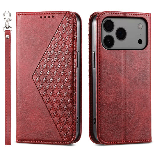 For iPhone 17 Pro Max Case Calf Texture PU Leather Wallet Phone Cover with Wrist Strap - Red