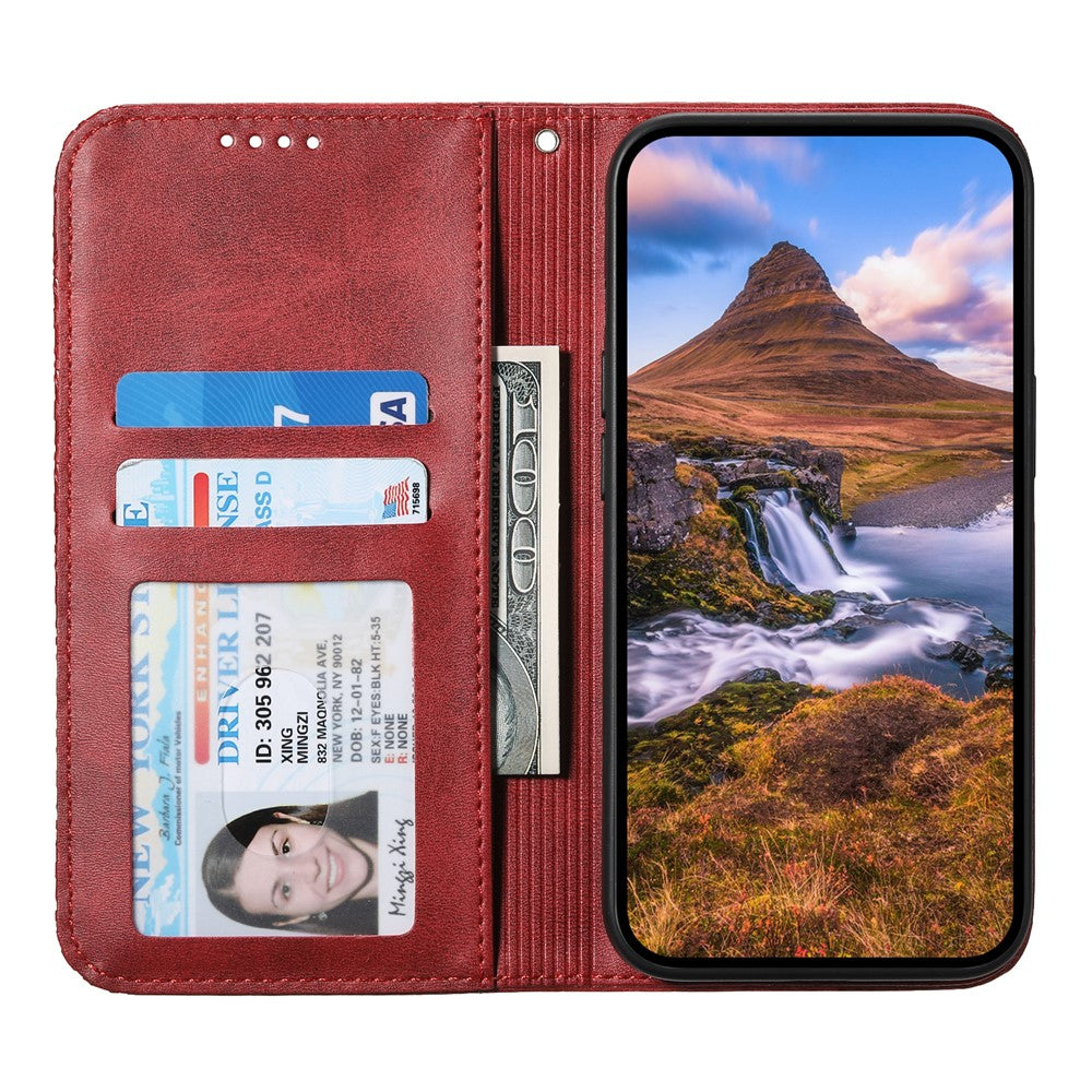 For iPhone 17 Pro Max Case Calf Texture PU Leather Wallet Phone Cover with Wrist Strap - Red