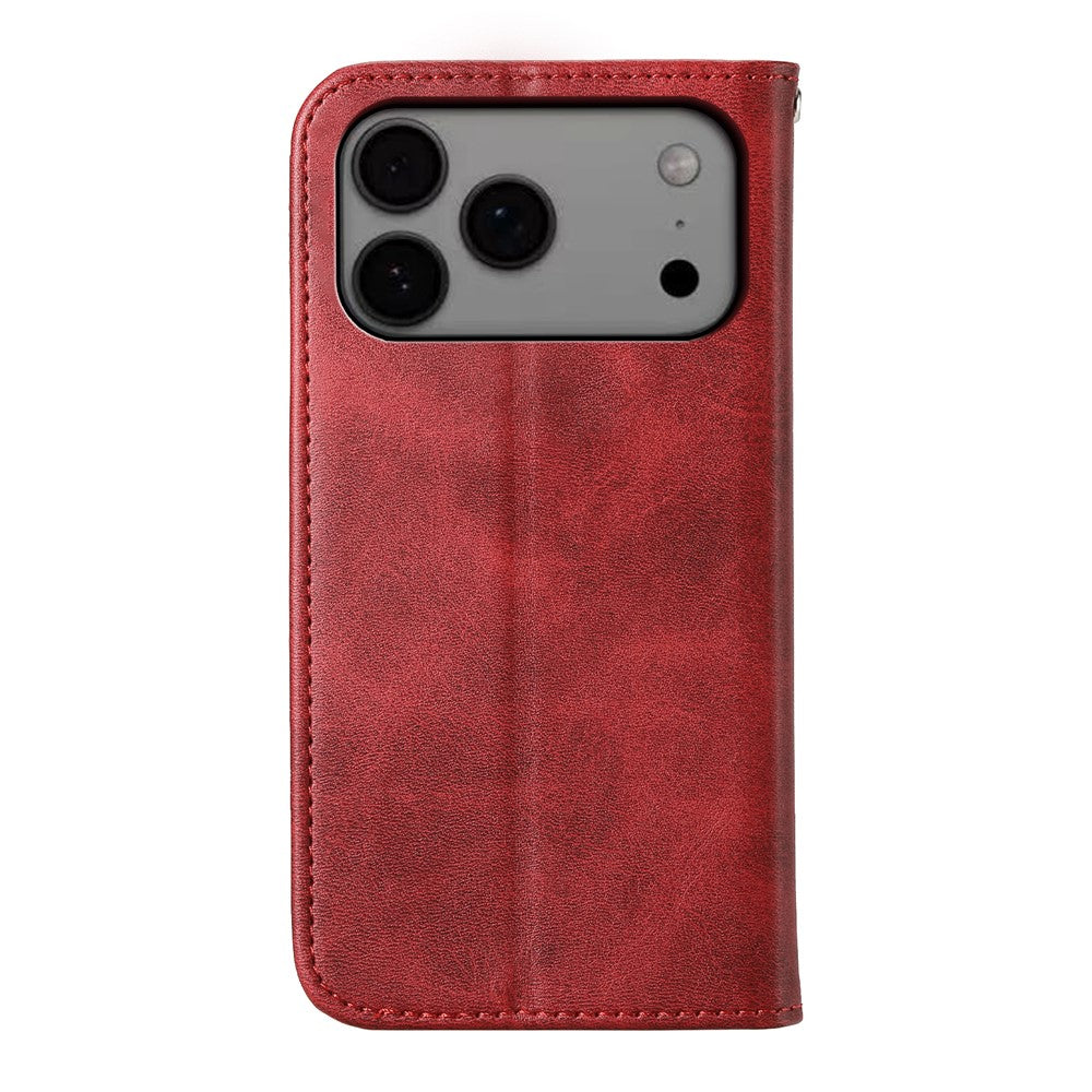 For iPhone 17 Pro Max Case Calf Texture PU Leather Wallet Phone Cover with Wrist Strap - Red