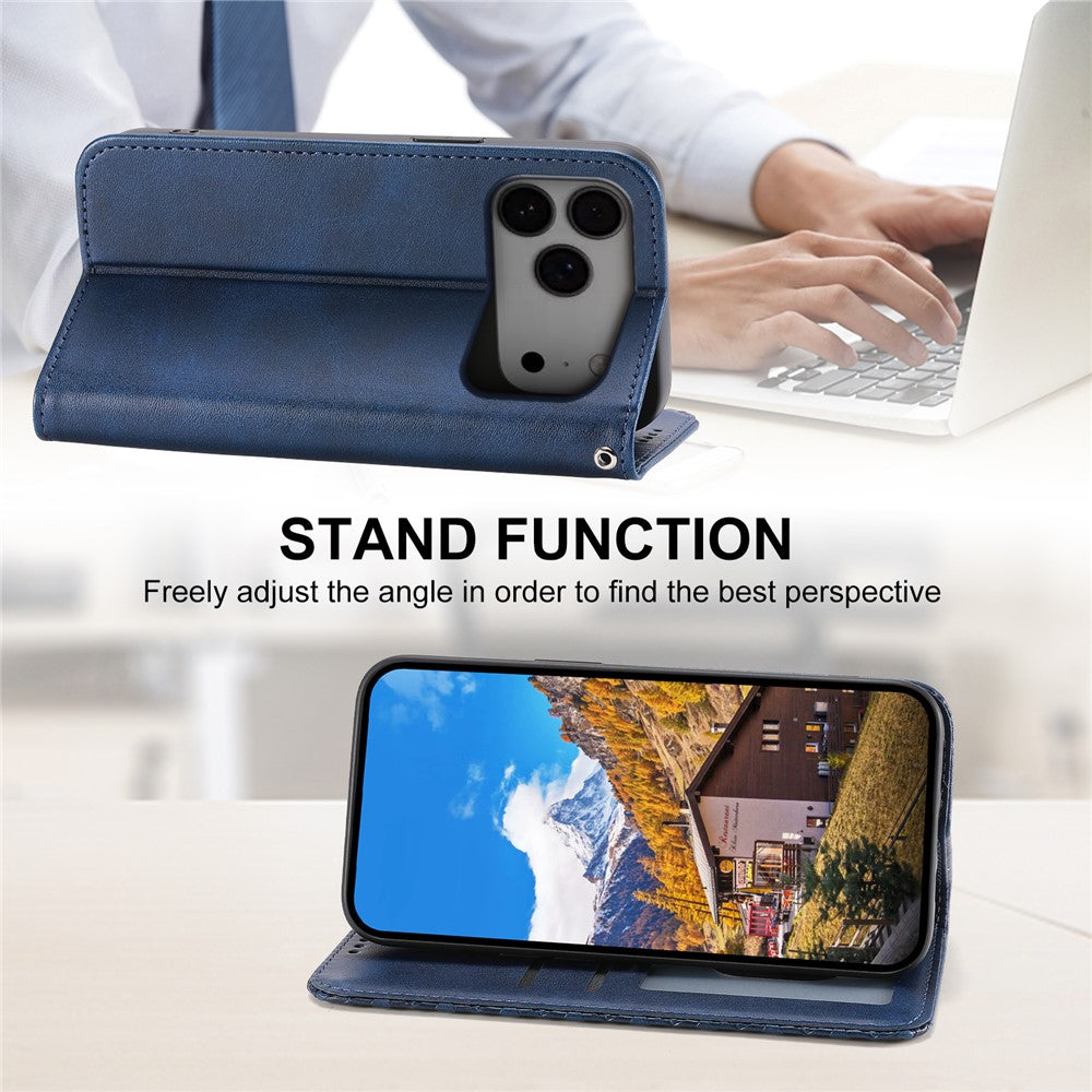 For iPhone 17 Pro Max Case Calf Texture PU Leather Wallet Phone Cover with Wrist Strap - Blue