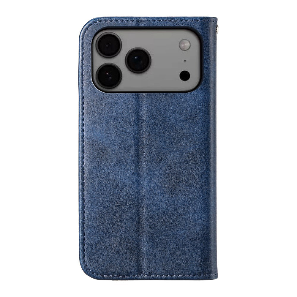 For iPhone 17 Pro Max Case Calf Texture PU Leather Wallet Phone Cover with Wrist Strap - Blue