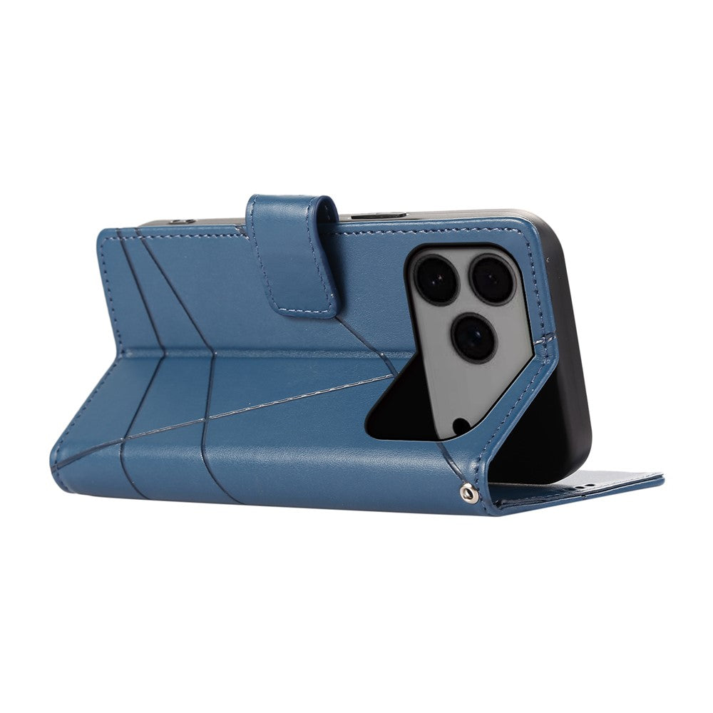 For iPhone 17 Pro Max Phone Case Line Imprint Leather Wallet Cover with Wrist Strap - Blue