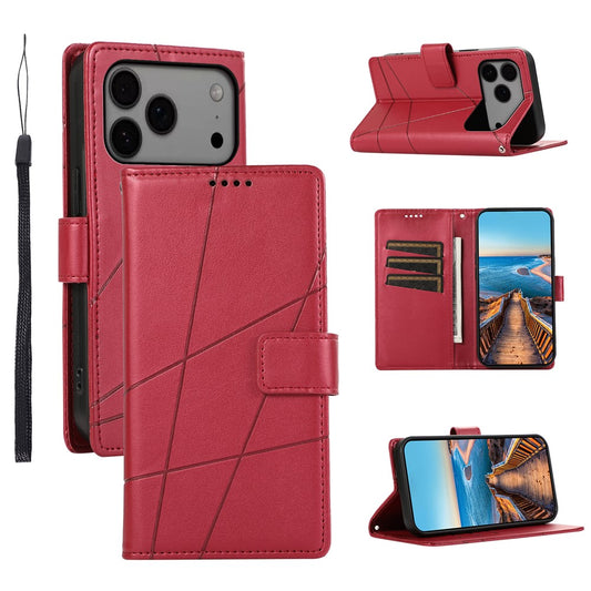 For iPhone 17 Pro Max Phone Case Line Imprint Leather Wallet Cover with Wrist Strap - Red