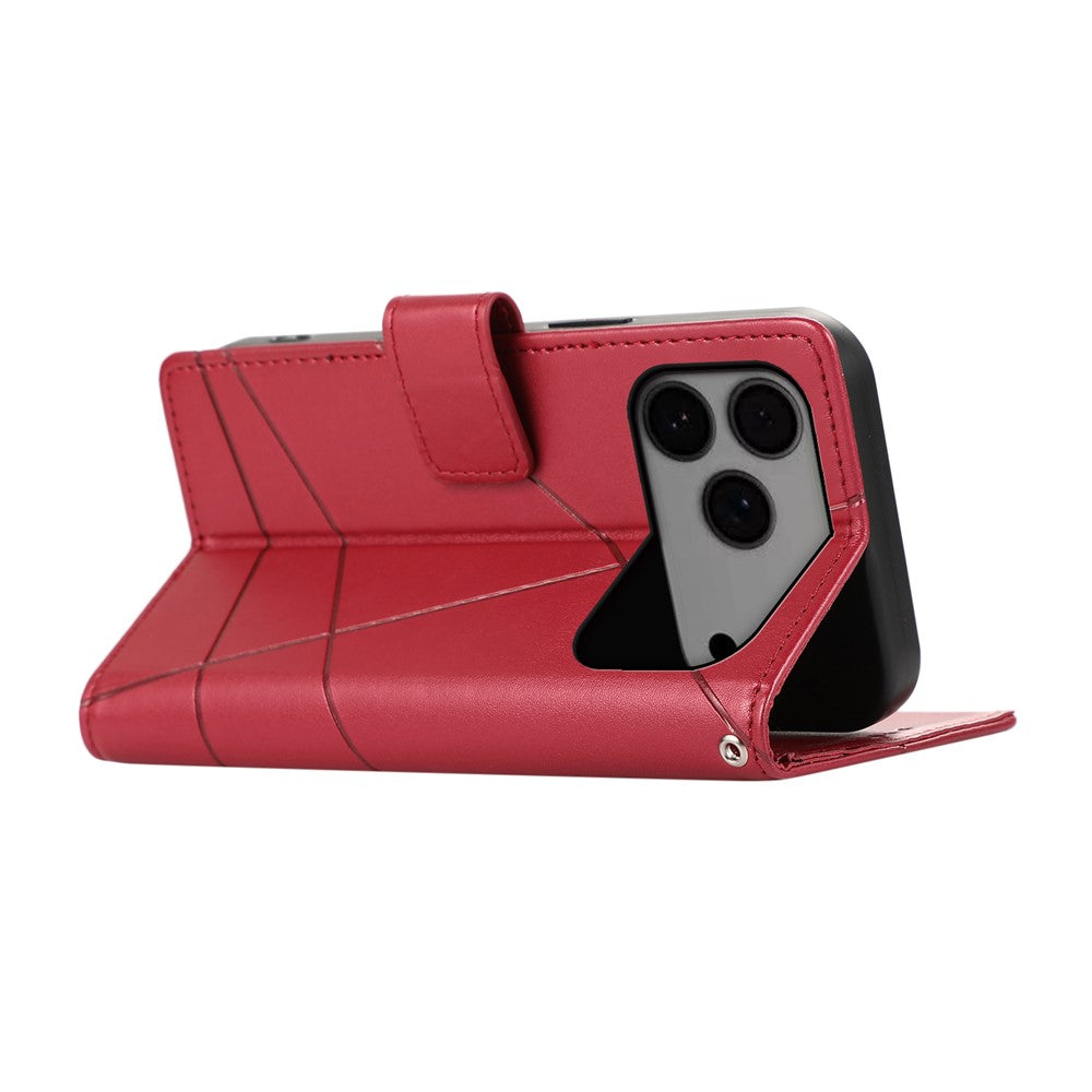 For iPhone 17 Pro Max Phone Case Line Imprint Leather Wallet Cover with Wrist Strap - Red