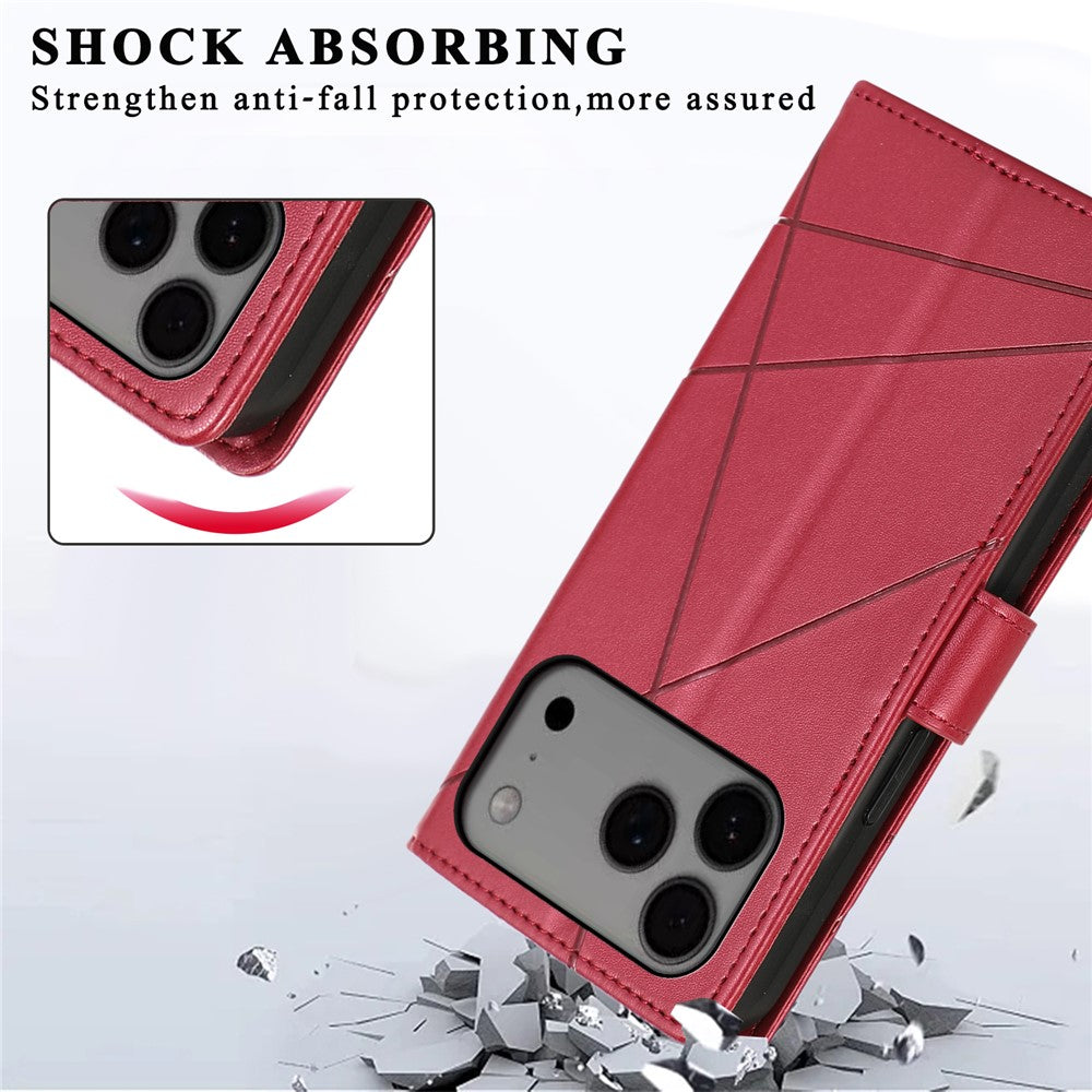 For iPhone 17 Pro Max Phone Case Line Imprint Leather Wallet Cover with Wrist Strap - Red