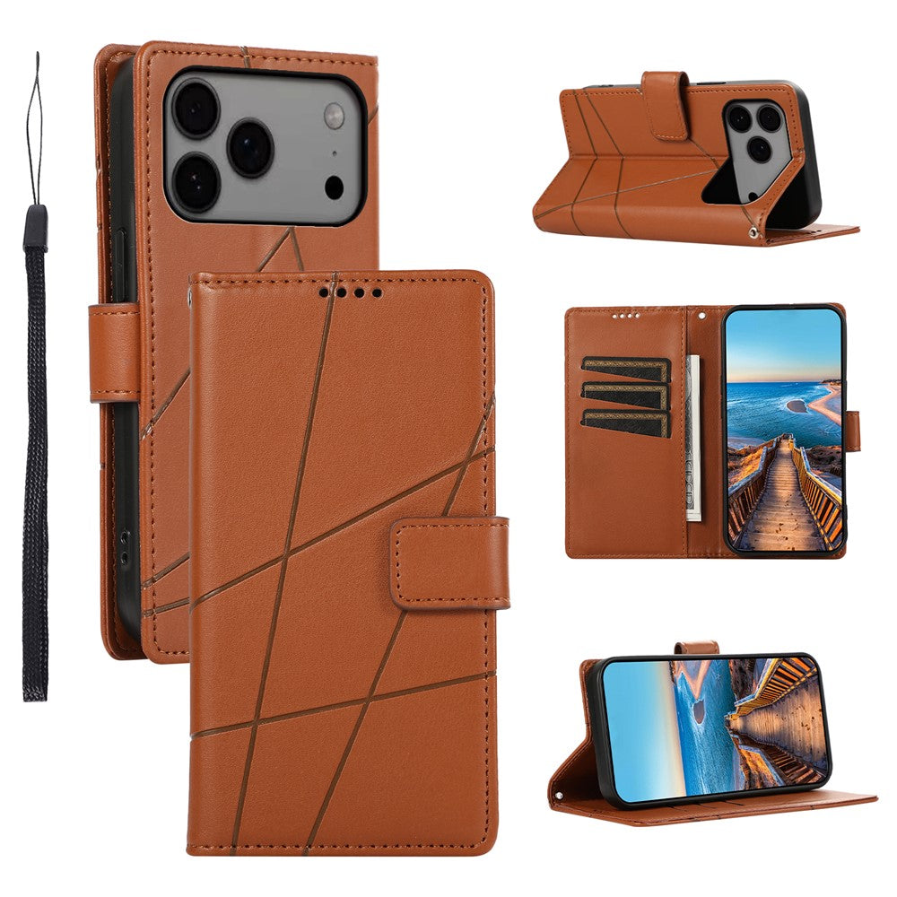 For iPhone 17 Pro Max Phone Case Line Imprint Leather Wallet Cover with Wrist Strap - Brown