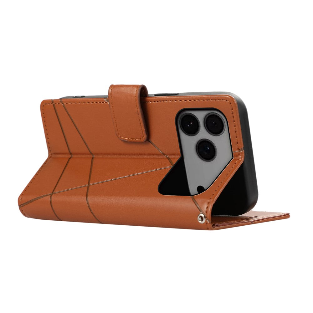 For iPhone 17 Pro Max Phone Case Line Imprint Leather Wallet Cover with Wrist Strap - Brown